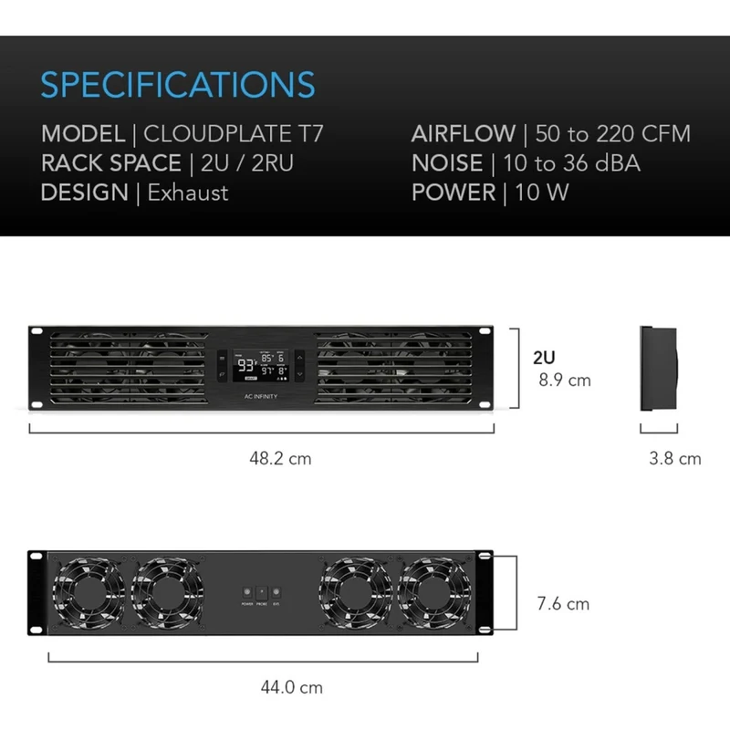 AC Infinity Cloudplate T7 50-220 CFM 2U Rack Cooler Front Exhaust