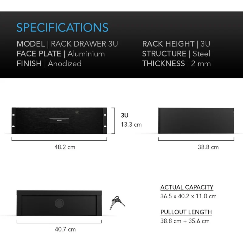 AC Infinity Heavy-Duty Rack Drawer Aluminium Faceplate 3U Black