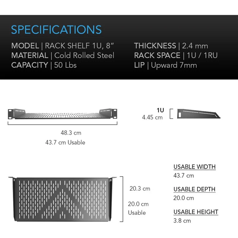 AC Infinity Vented Cantilever 1U Rack Shelf Steel 75cm Depth Black 8 Inch