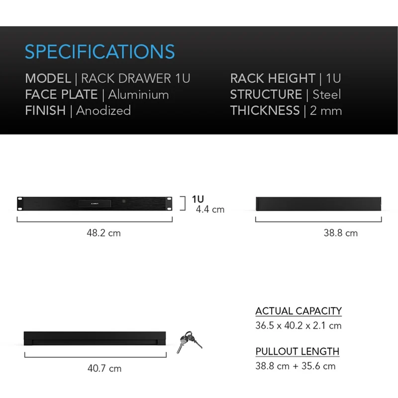 AC Infinity Heavy-Duty Rack Drawer Aluminium Faceplate 1U Black