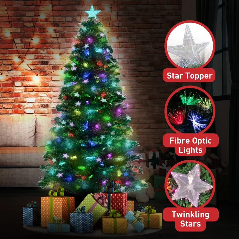 Christabelle 2.4m 8ft Pre-Lit Fibre Optic Artificial Christmas Tree with Multicolour Twinkling Star Lights