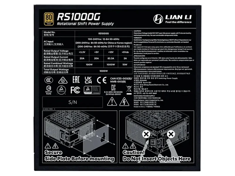 Lian Li 1000W Rotational Shift 80+ Gold Fully Modular ATX Power Supply - Black (RS1000G.B)