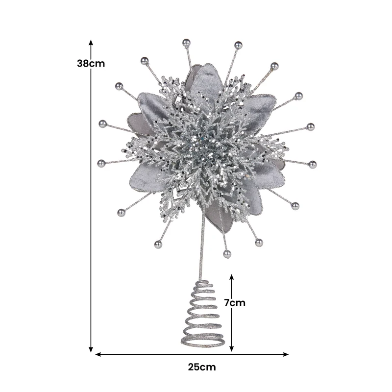 Christabelle Christmas Tree Topper Poinsettia Decoration Ornament Shimmering Silver Glittered Petals