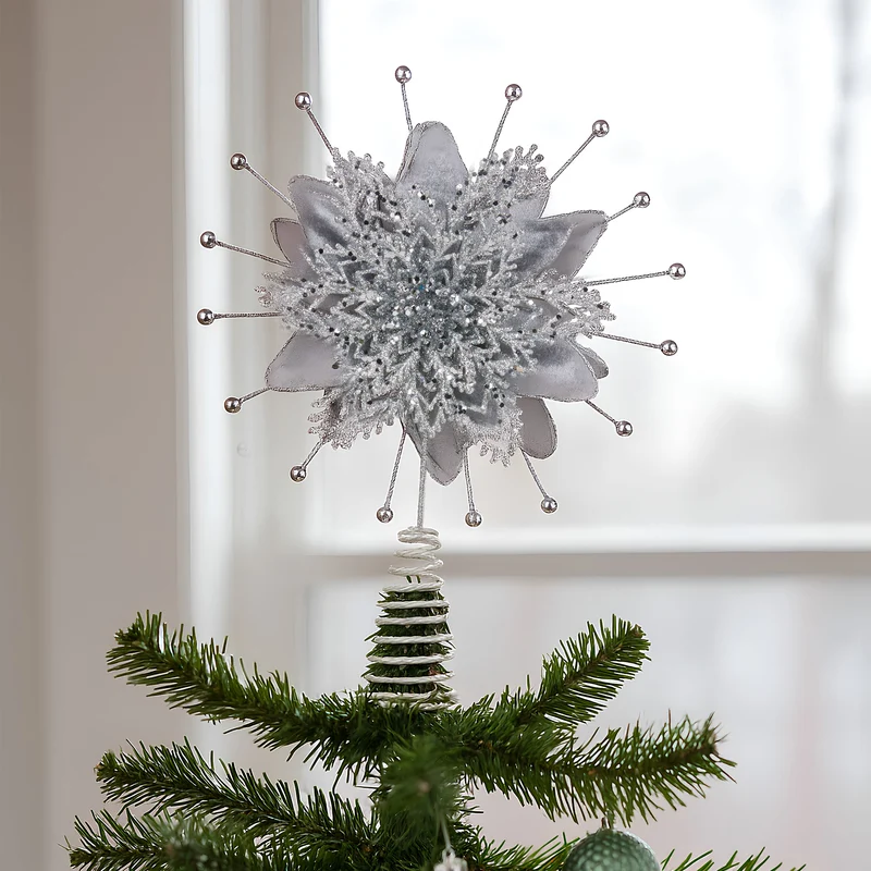 Christabelle Christmas Tree Topper Poinsettia Decoration Ornament Shimmering Silver Glittered Petals