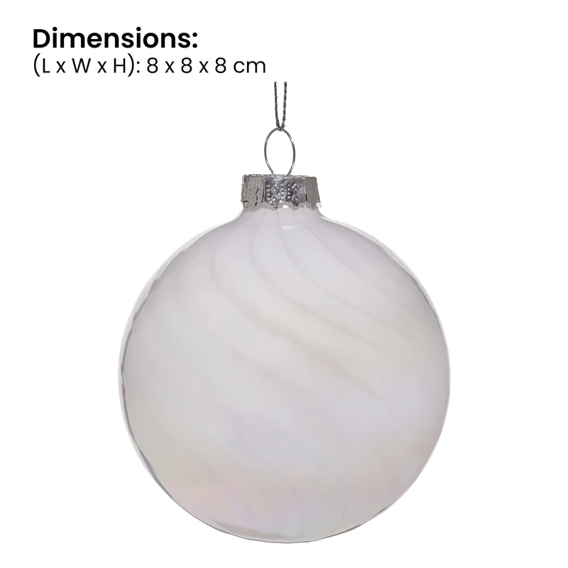Christabelle Box of 6 White Glass Baubles with Stripe & Faint Iridescence