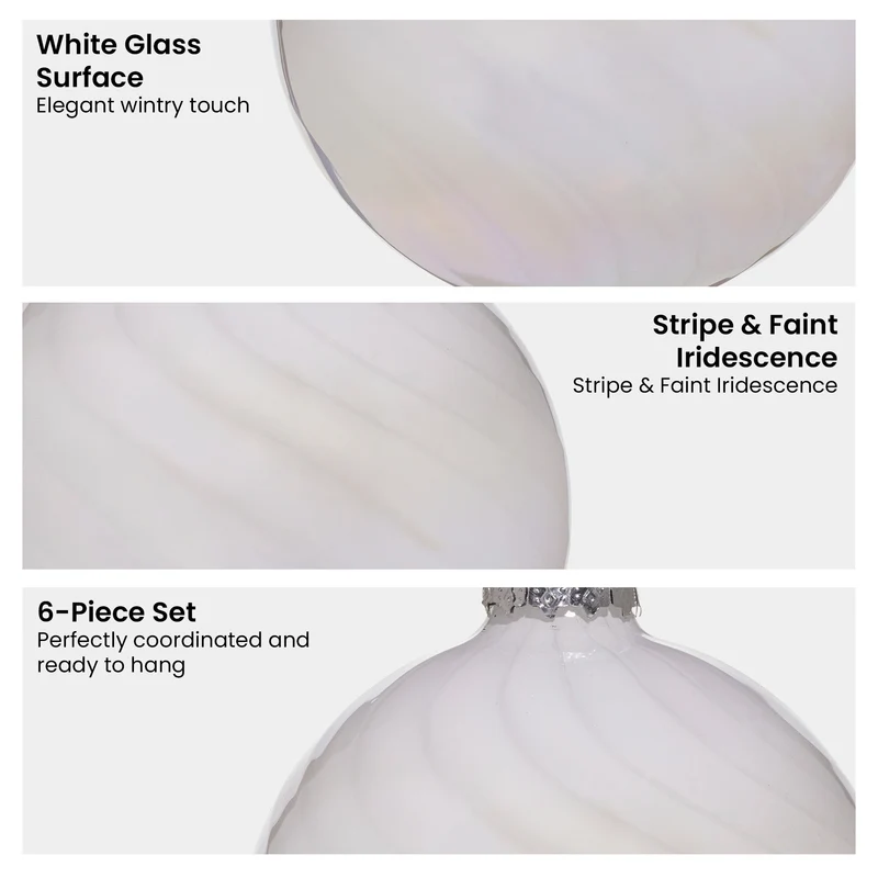Christabelle Box of 6 White Glass Baubles with Stripe & Faint Iridescence