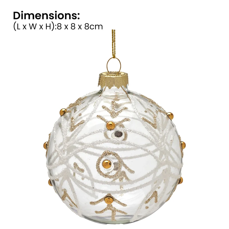 Christabelle Box of 6 Clear Glass Baubles with Glitter Swirls and Gold Pearls