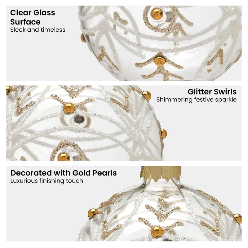 Christabelle Box of 6 Clear Glass Baubles with Glitter Swirls and Gold Pearls