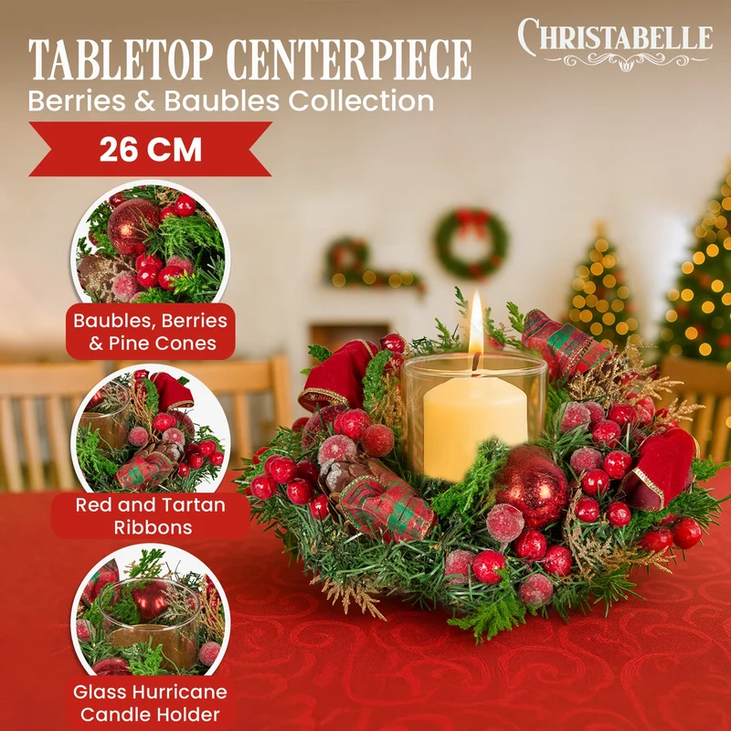 Christabelle 26cm Christmas Centrepiece Lush Green Decor Berries & Baubles