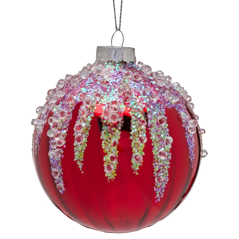 Christabelle Box of 6 Rich Red Glass Baubles with Sequin Frosting