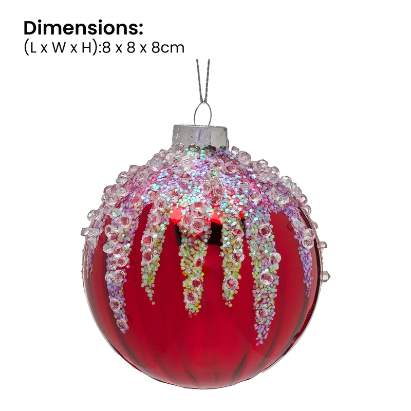 Christabelle Box of 6 Rich Red Glass Baubles with Sequin Frosting