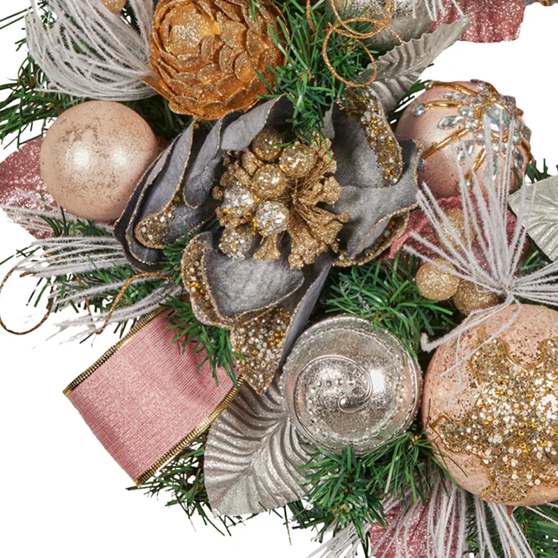 Christabelle 56cm Christmas Wreath Lush Pink Front Door Decoration Jewelled Baubles Flowers Pine Cones Ribbons