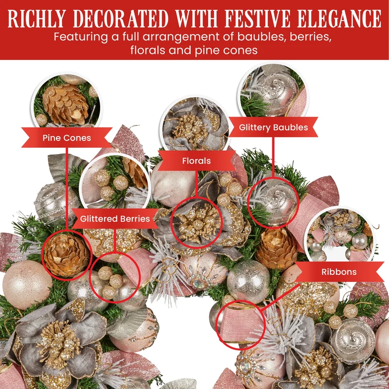 Christabelle 56cm Christmas Wreath Lush Pink Front Door Decoration Jewelled Baubles Flowers Pine Cones Ribbons