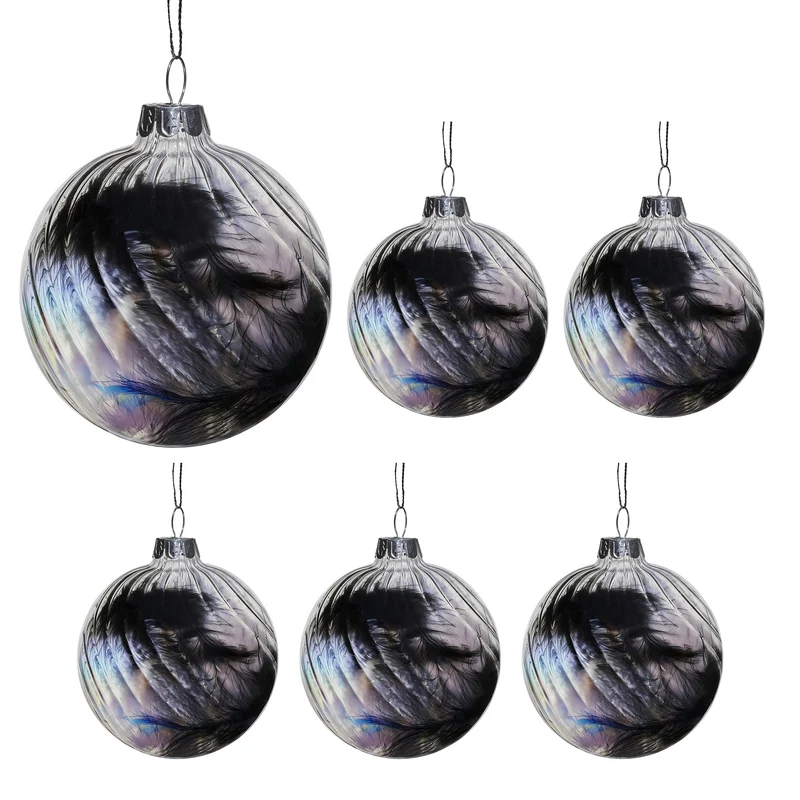 Christabelle Clear Striped Glass Baubles 6Pcs Filled with Feathers Balls Christmas Tree Decoration Ornament