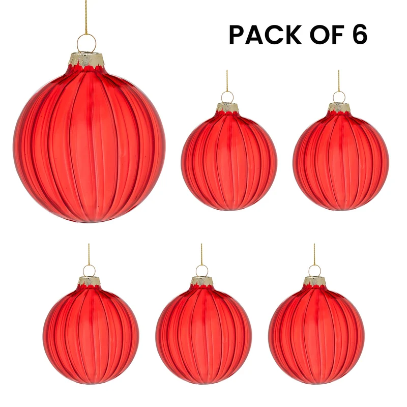 Christabelle Glossy Red Glass Baubles 6Pcs with Textured Stripe Pattern Balls Christmas Tree Decoration