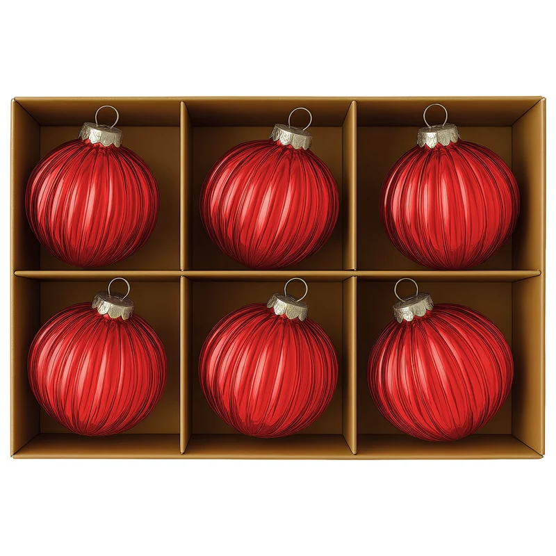 Christabelle Glossy Red Glass Baubles 6Pcs with Textured Stripe Pattern Balls Christmas Tree Decoration