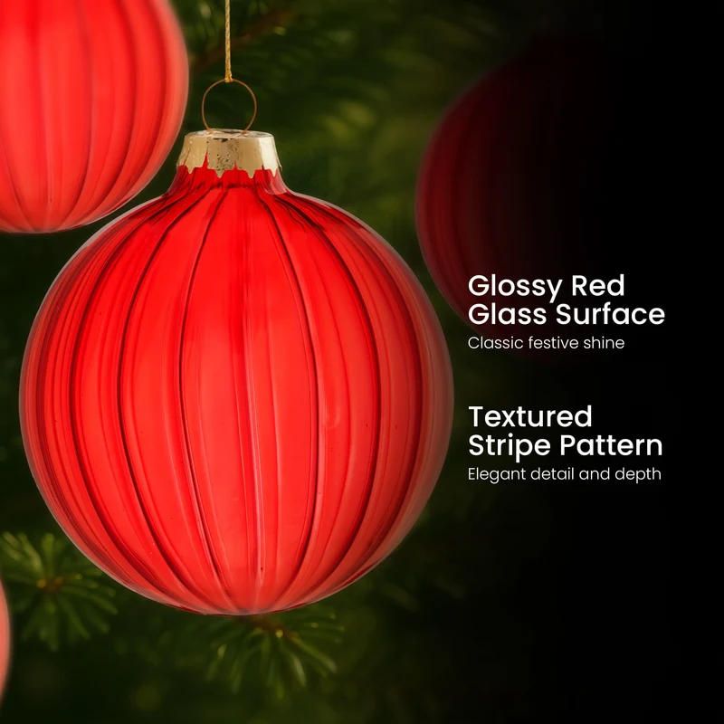 Christabelle Glossy Red Glass Baubles 6Pcs with Textured Stripe Pattern Balls Christmas Tree Decoration