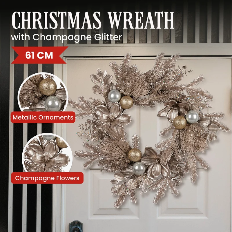 Christabelle Champagne Glitter Christmas Wreath - 61cm