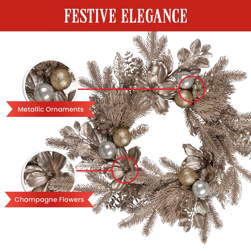 Christabelle Champagne Glitter Christmas Wreath - 61cm