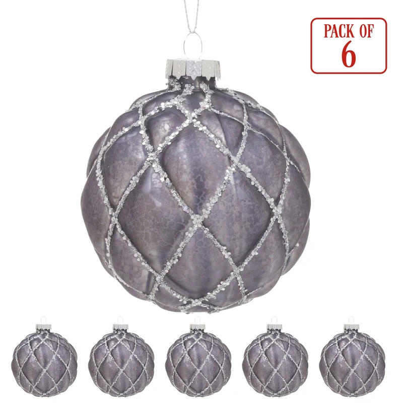 Christabelle Platinum Glass Baubles 6Pcs with Glittered Lattice Pattern Balls Christmas Tree Decoration Ornament