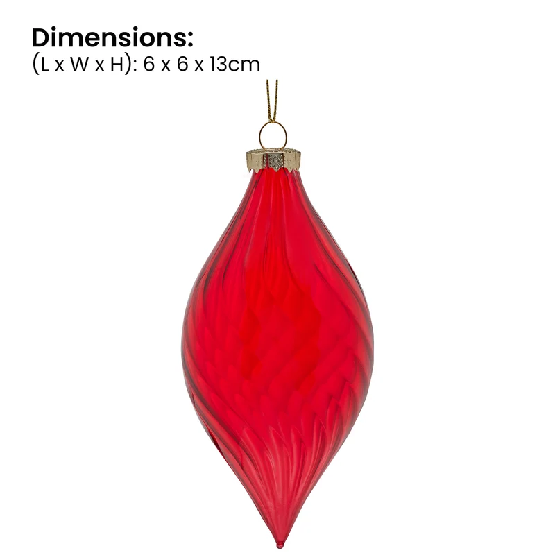 Christabelle Box of 6 Glossy Red Glass Teardrop Baubles with Swirl Pattern