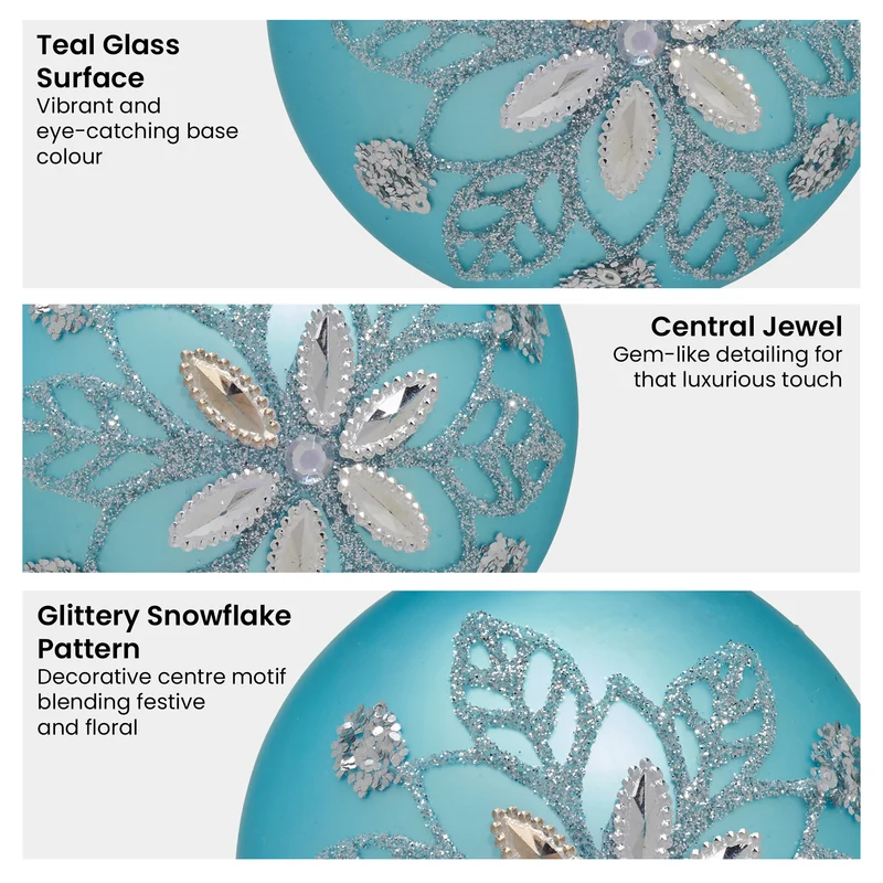 Christabelle Box of 6 Teal Glass Baubles with Snowflake Pattern & Central Jewel