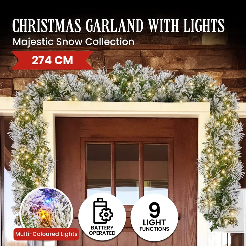 Christabelle Majestic Snow 274cm 9ft Prelit Flocked Christmas Garland with 100 Multi-Function LED Lights