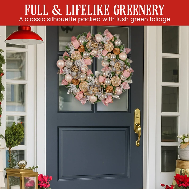 Christabelle 71cm Christmas Wreath Pink Front Door Decoration Jewelled Baubles Flowers Pine Cones Ribbons Ornaments