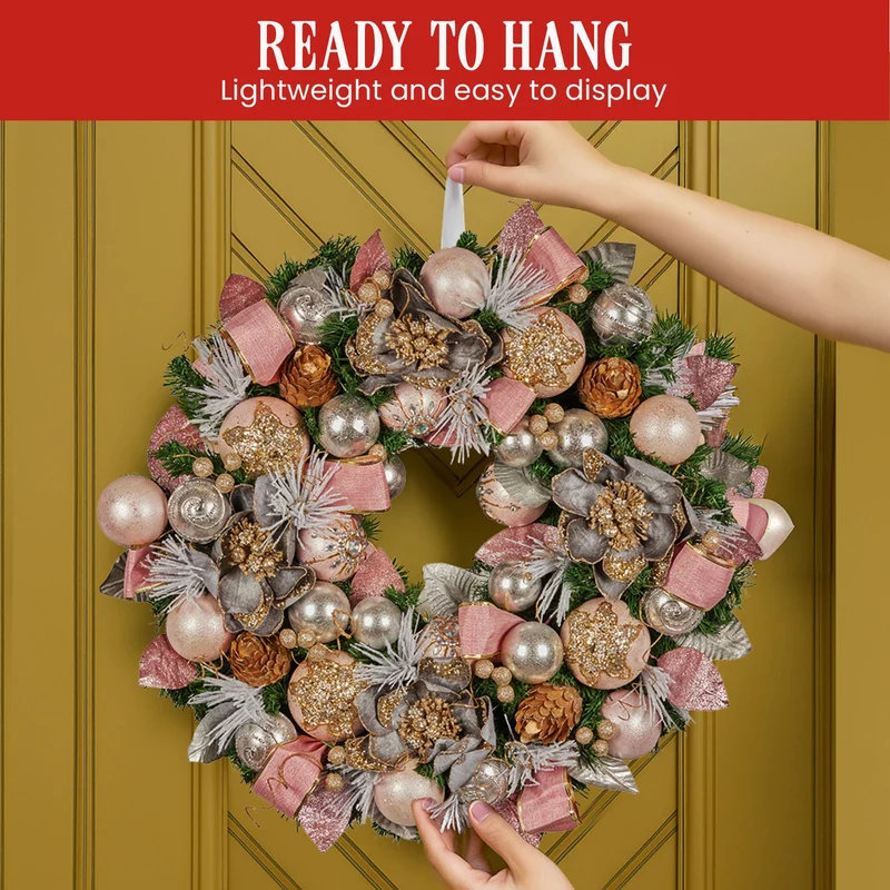 Christabelle 71cm Christmas Wreath Pink Front Door Decoration Jewelled Baubles Flowers Pine Cones Ribbons Ornaments