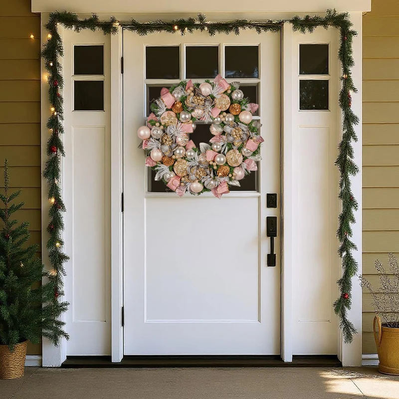 Christabelle 71cm Christmas Wreath Pink Front Door Decoration Jewelled Baubles Flowers Pine Cones Ribbons Ornaments