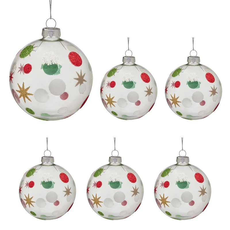 Christabelle Glass Baubles 6 Pcs with Assorted Patterns Balls Christmas Tree Decoration Ornament