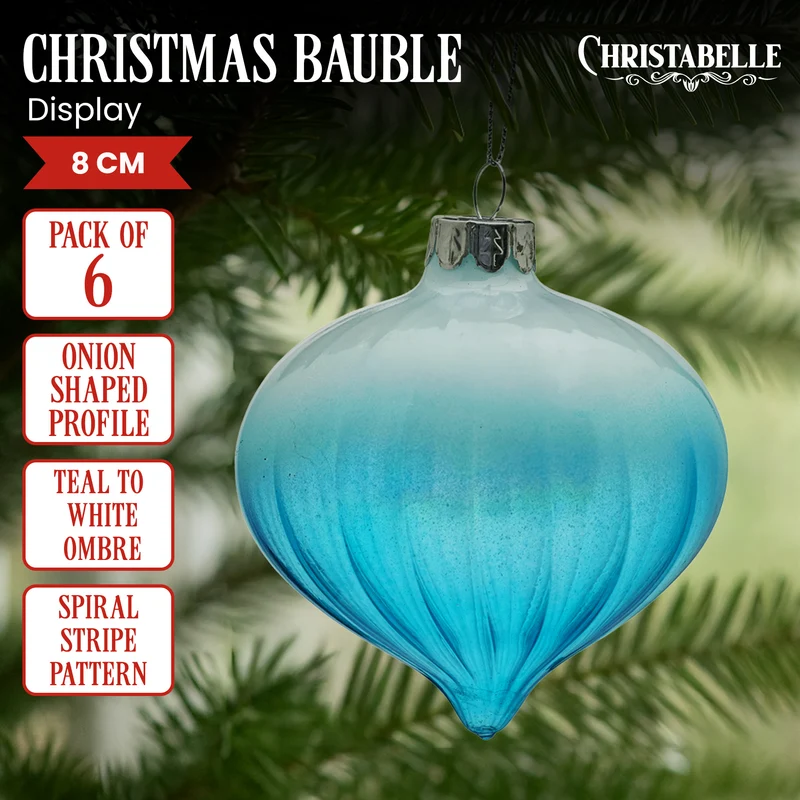 Christabelle Box of 6 Teal Ombre Glass Onion Baubles with Spiral Stripes
