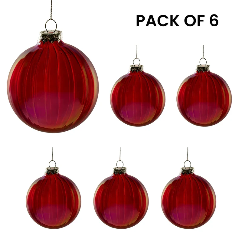 Christabelle 6Pcs Glossy Red Glass Baubles Textured Stripe Finish Balls Christmas Tree Decoration Ornament