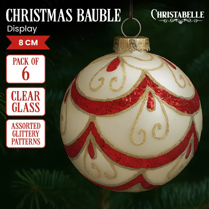 Christabelle 6 White Christmas Glass Baubles with Red and Champagne Glitter Swirls Balls Tree Decoration Ornament