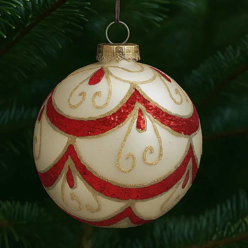 Christabelle 6 White Christmas Glass Baubles with Red and Champagne Glitter Swirls Balls Tree Decoration Ornament