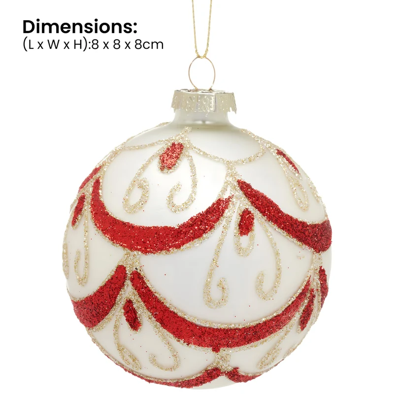 Christabelle 6 White Christmas Glass Baubles with Red and Champagne Glitter Swirls Balls Tree Decoration Ornament
