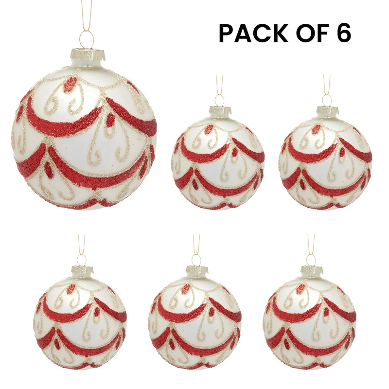 Christabelle 6 White Christmas Glass Baubles with Red and Champagne Glitter Swirls Balls Tree Decoration Ornament