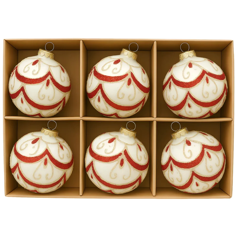 Christabelle 6 White Christmas Glass Baubles with Red and Champagne Glitter Swirls Balls Tree Decoration Ornament