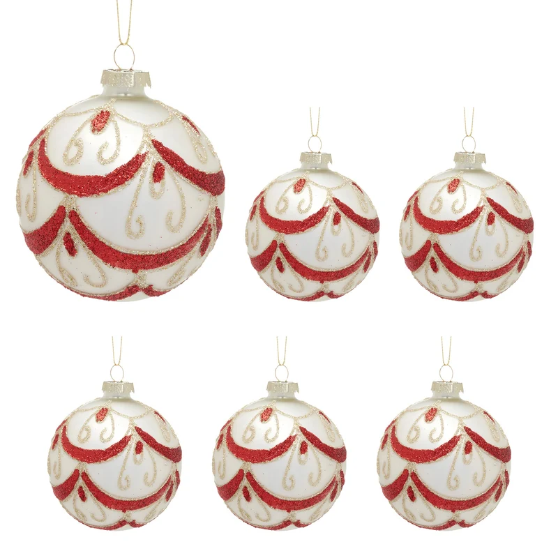 Christabelle 6 White Christmas Glass Baubles with Red and Champagne Glitter Swirls Balls Tree Decoration Ornament