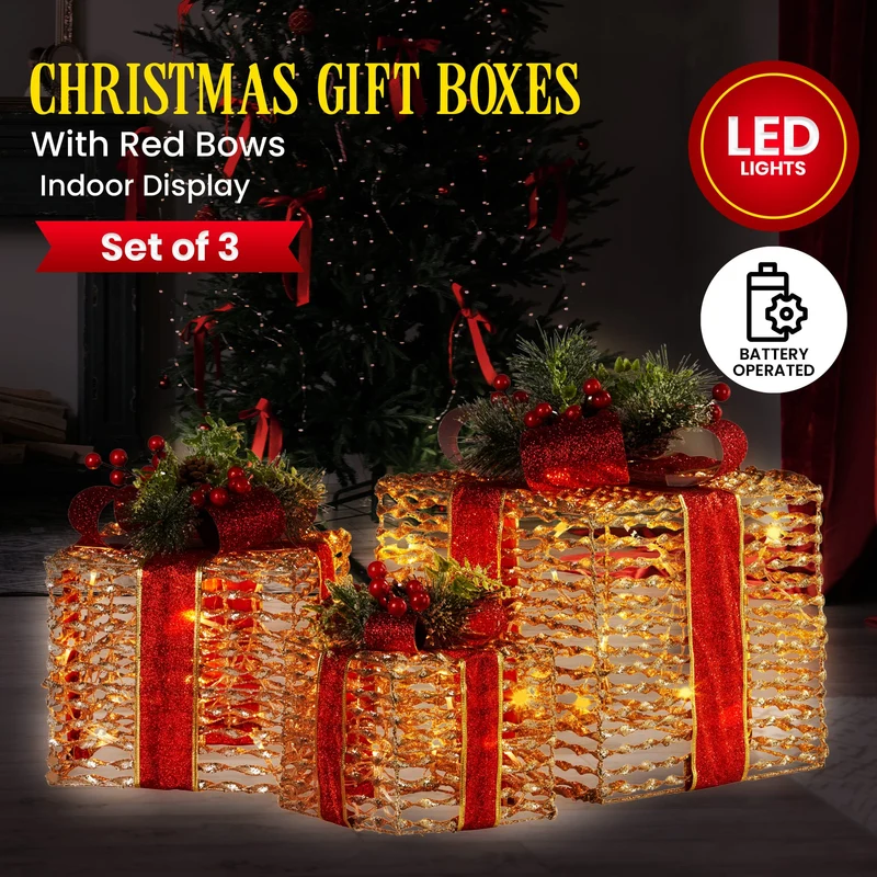 Christabelle Set of 3 Christmas Gift Boxes with Lights