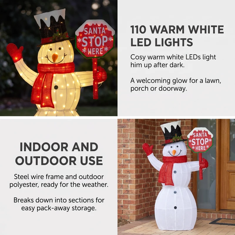 Christabelle 1.21m Snowman Christmas Light Up Display LED Santa Stop Here Sign Outdoor Indoor Xmas Yard Lawn Statue