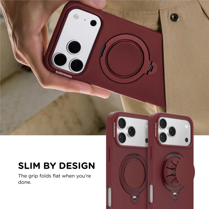 PopSockets Low-Pro MagSafe Protective Case with Built-in Grip Stand for iPhone 18 Pro Max (Burgundy)