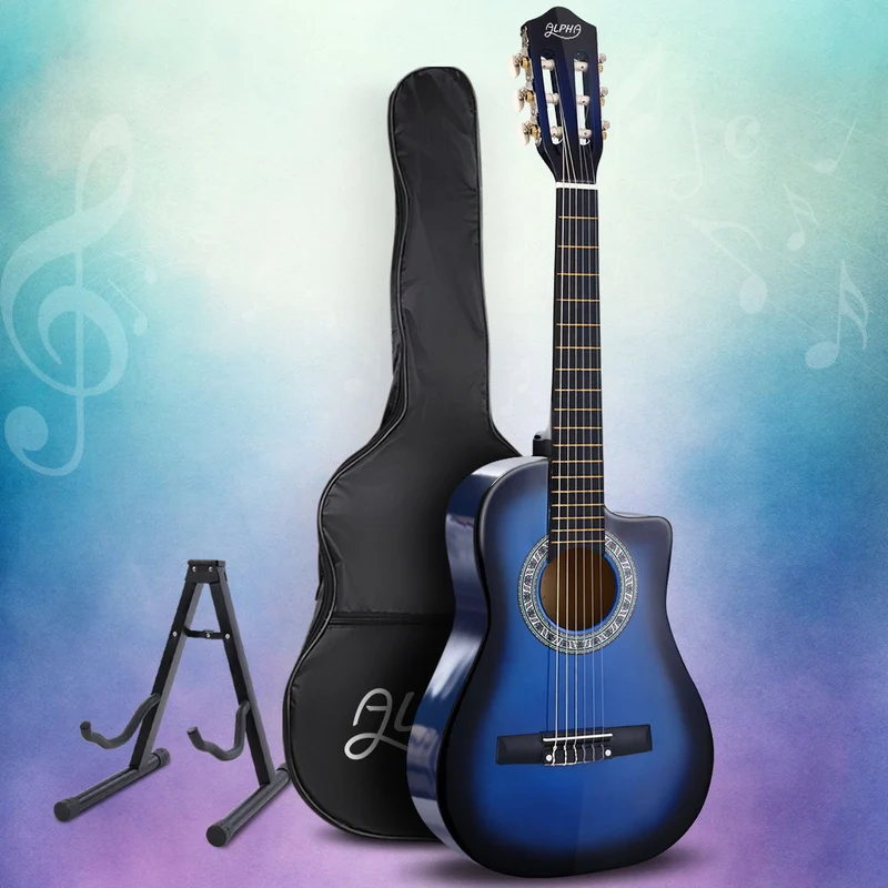 Alpha 34" Classical Guitar Wooden Body Nylon String with Stand Beginner Blue