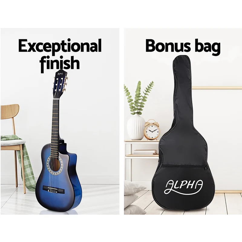 Alpha 34" Classical Guitar Wooden Body Nylon String with Stand Beginner Blue