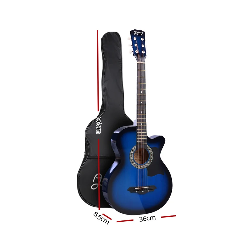 Alpha 38" Acoustic Guitar Wooden Body Steel String with Stand Blue