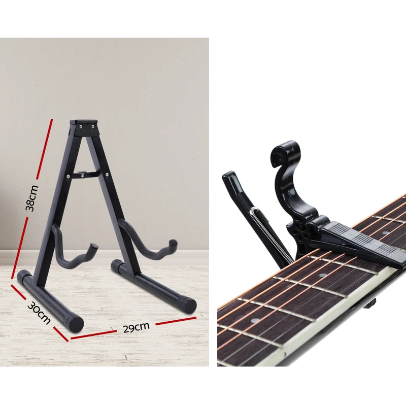 Alpha 41" Acoustic Guitar Wooden Body Steel String Dreadnought Stand Black