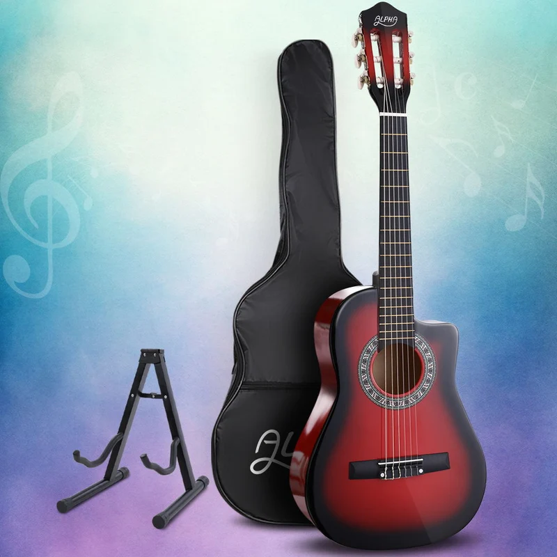 Alpha 34" Classical Guitar Wooden Body Nylon String with Stand Beginner Red