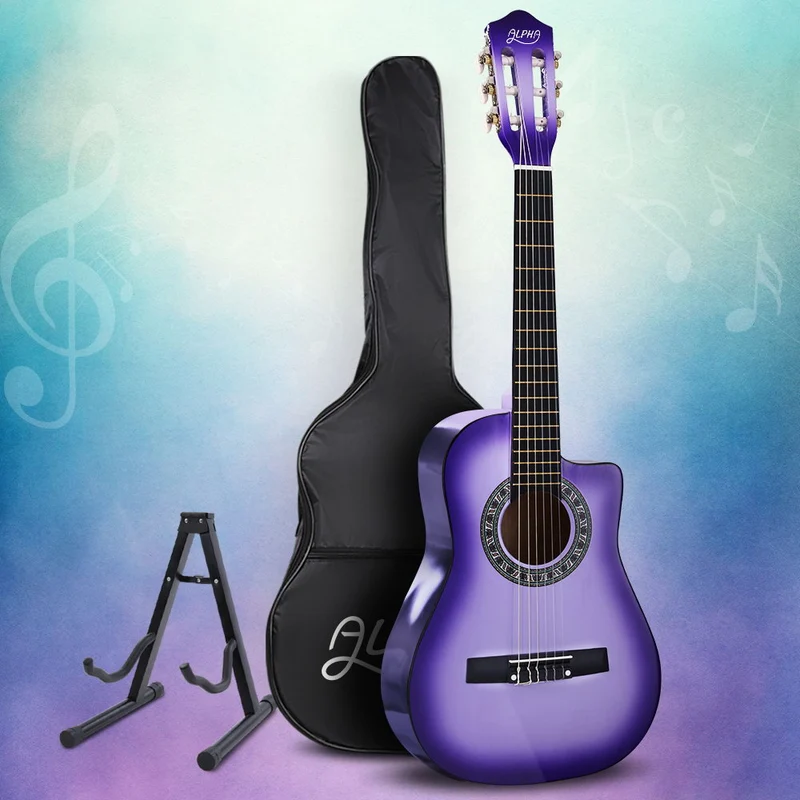 Alpha 34" Classical Guitar Wooden Body Nylon String with Stand Beginner Purple